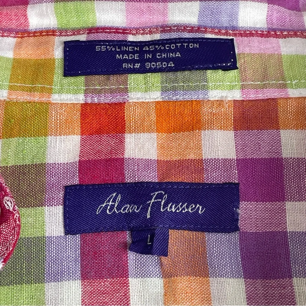Men’s Alan Flusser‎ Multicolored Plaid Linen/Cotton Blend Button Down Large 0110